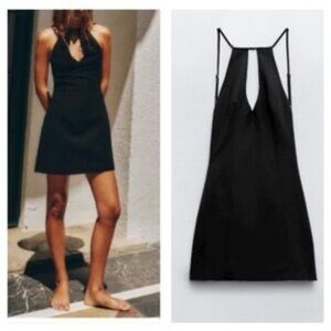 NWT Zara Black Backless halter top mini Dress S keyhole buckle lbd